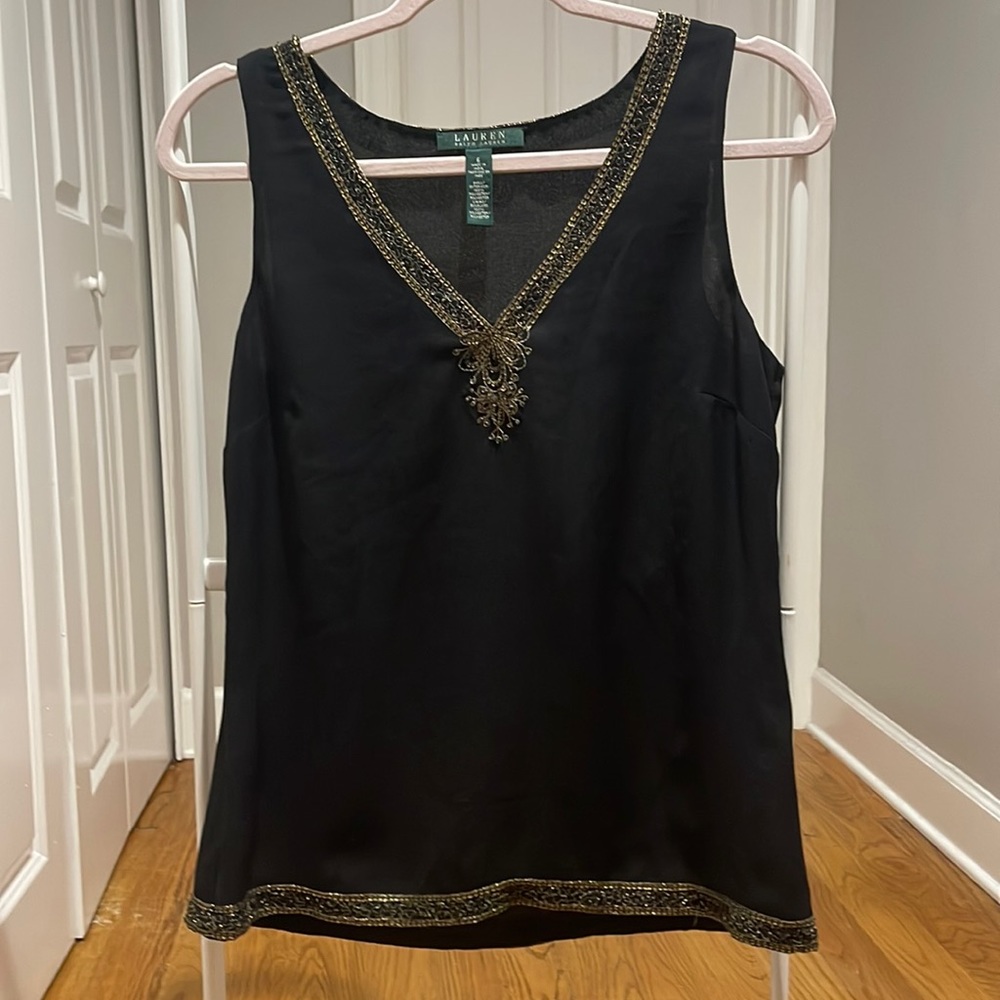 Lauren sheer black top with metallic trim. Size 6.